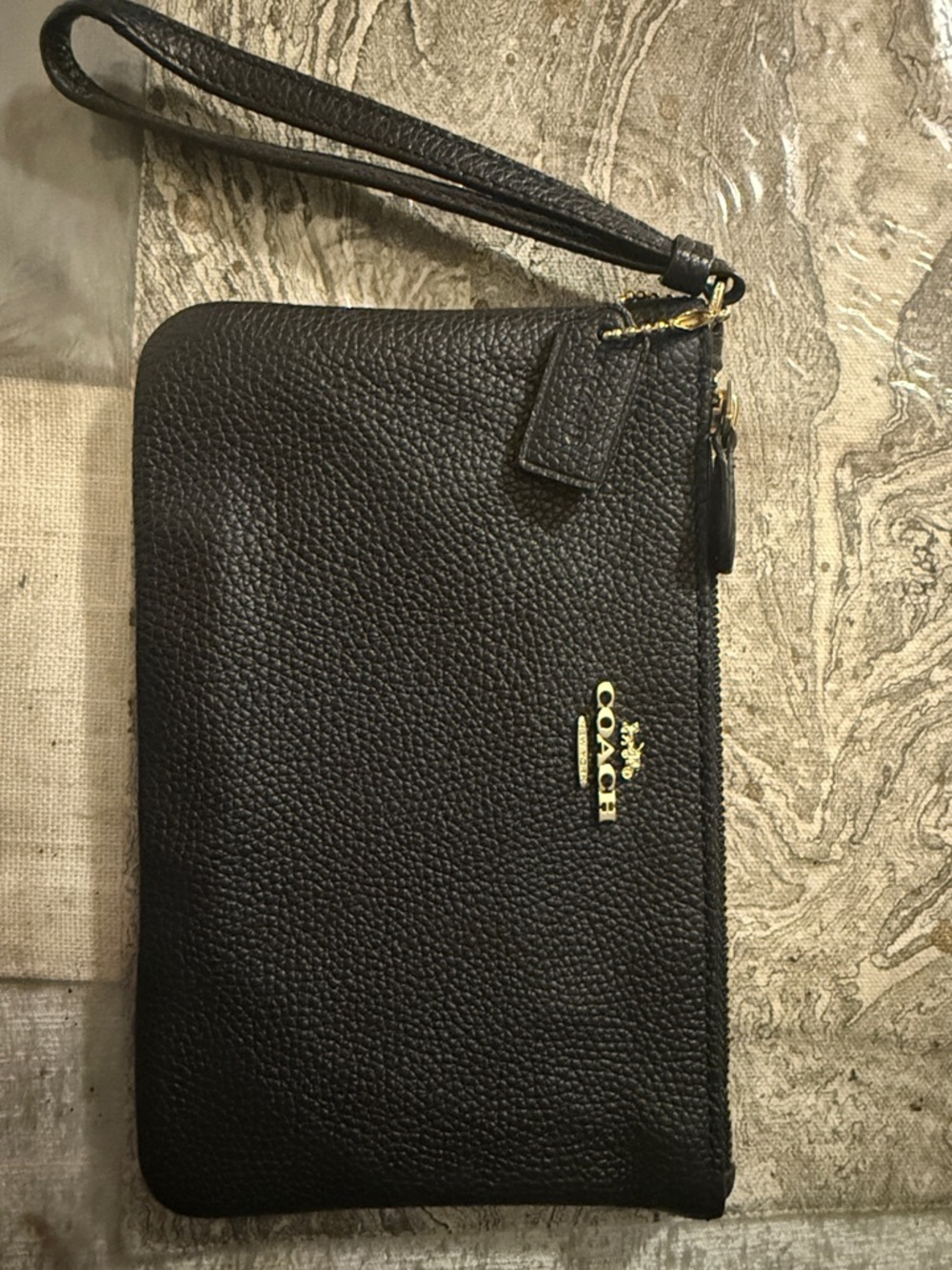 Coach Black Pebbled Leather Wristlet Pouch with Gold Logo
